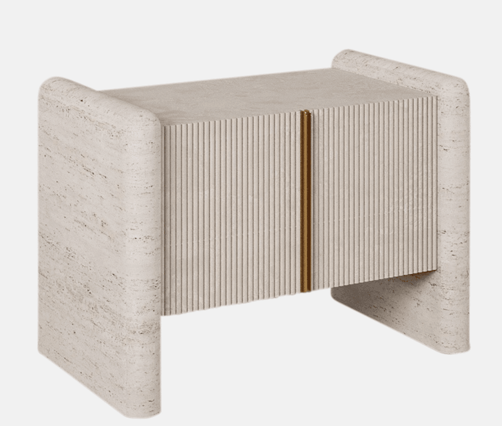 A compact rectangular cabinet featuring a natural travertine construction. The front panel has a distinct fluted texture, accented by a vertical brass strip, likely serving as a handle. The sides are formed by thick, curved travertine slabs that function as both structural supports and legs. — 3D model