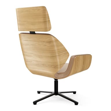 A contemporary armchair with a high back and headrest, featuring a sleek design. The seat and back are upholstered in a light beige material, with curved armrests. The outer shell of the chair appears to be made of a light-colored wood-grain material. It is supported by a black five-star swivel base with casters. — 3D model