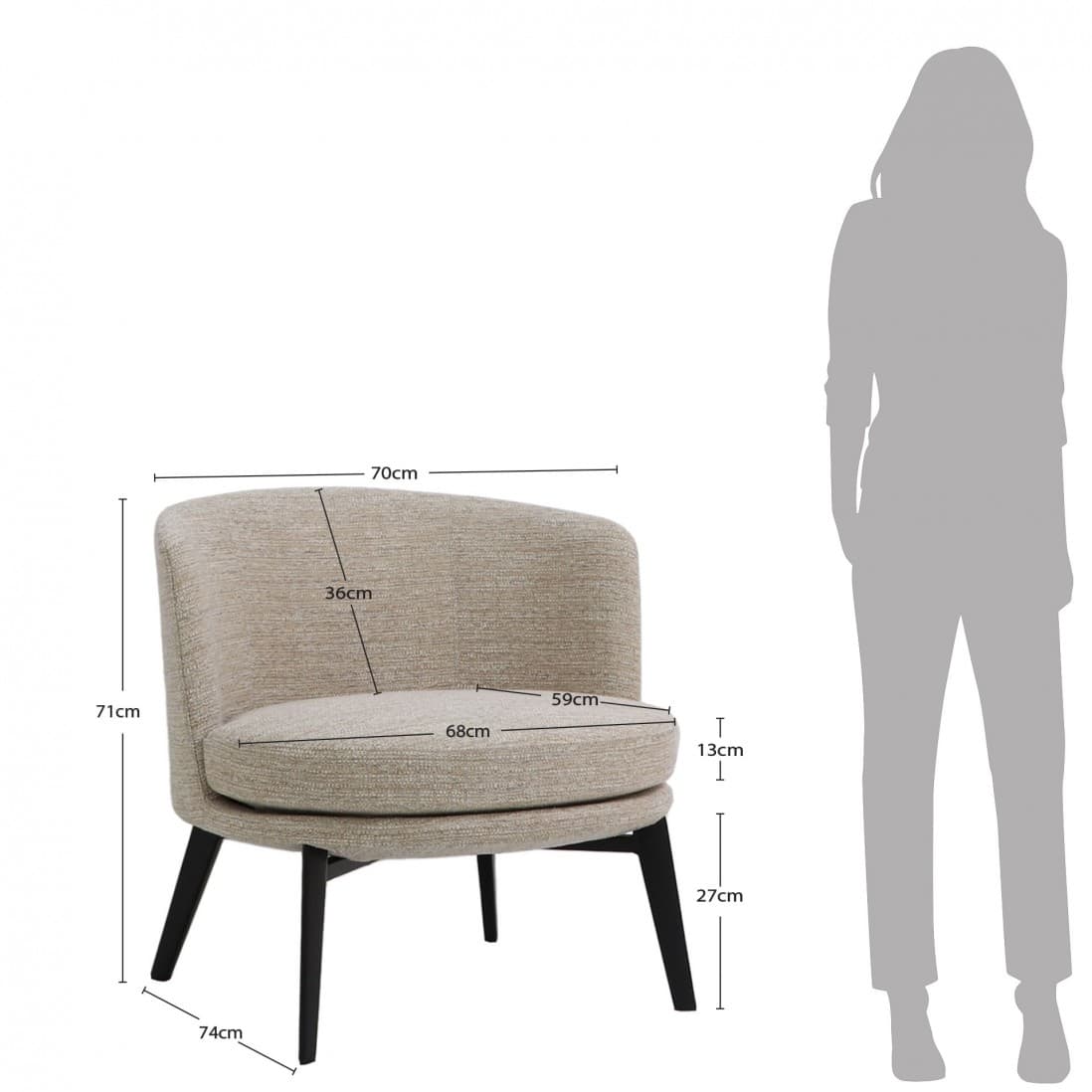 A contemporary armless accent chair with a low-profile design, upholstered in a light beige textured fabric. The chair features a rounded backrest that seamlessly blends into the seat, providing a bucket-like form. It is supported by four dark, tapered wooden legs. — 3D model