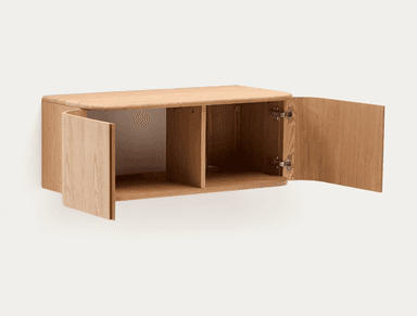 A wall-mounted wooden cabinet with a minimalist design. It features two cabinet doors with a vertical wood grain pattern and rounded side edges. The top surface is flat and also has rounded edges, suggesting a continuous curved form around the sides. — 3D model