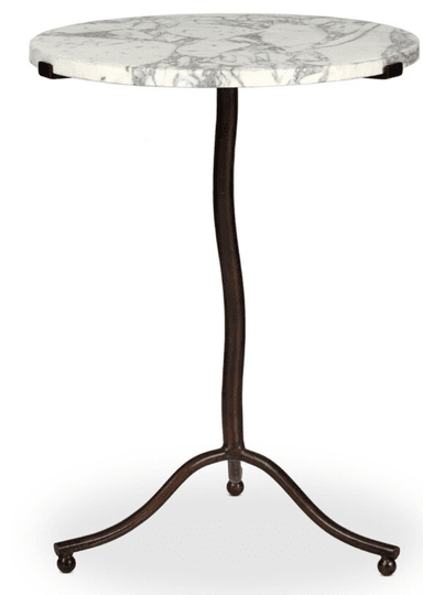 A small, round accent table featuring a white marble top with natural grey veining, supported by a single, slender, curvilinear metal pedestal base finished in dark bronze. The base terminates in three elegantly curved legs with spherical feet. — 3D model