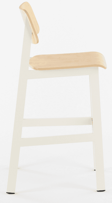 A modern bar stool featuring a white metal frame and light-toned wooden seat and backrest. It includes a footrest and exhibits a minimalist design. — 3D model
