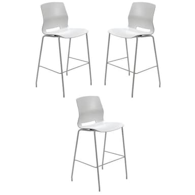A modern bar stool featuring a single-piece white polypropylene seat and backrest, supported by a gray metal frame with a built-in footrest. — 3D model