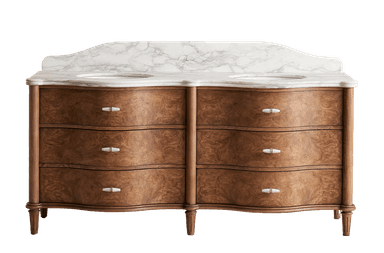 A double vanity dressing table featuring a marble top with two integrated sinks and a curved backsplash. The base is constructed from wood with a rich, burl veneer finish. It has a serpentine front and is supported by four tapered legs. The unit is equipped with six drawers, arranged in two columns of three, each with decorative white and gold pull hardware. The overall style evokes a classic or traditional aesthetic. — 3D model