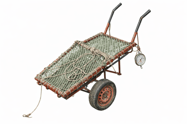 A robust, single-wheeled hand cart with a red-painted metal frame, a large rubber tire, and two black-handled pushing bars. Its bed is covered with a green-colored net, secured by thicker natural fiber ropes. A circular hanging scale with a white face and red pointer is suspended from the frame. The entire object shows signs of wear, rust, and heavy use. — 3D model