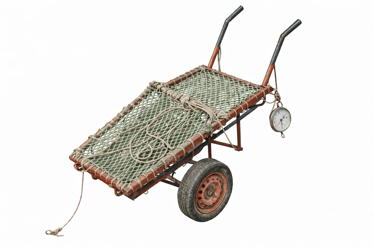 A robust, single-wheeled hand cart with a red-painted metal frame, a large rubber tire, and two black-handled pushing bars. Its bed is covered with a green-colored net, secured by thicker natural fiber ropes. A circular hanging scale with a white face and red pointer is suspended from the frame. The entire object shows signs of wear, rust, and heavy use. — 3D model