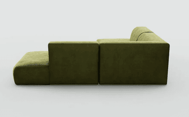 A modular sectional sofa, upholstered in a textured olive green fabric. The design features clean lines with rounded edges on the corner piece and ottoman-like extension. It appears to be constructed from multiple independent modules that can be reconfigured. — 3D model