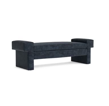 A dark-colored upholstered bench with blocky arms and legs. The bench has a rectangular seat and features a modern, geometric design. It appears to be covered in a textured fabric. — 3D model