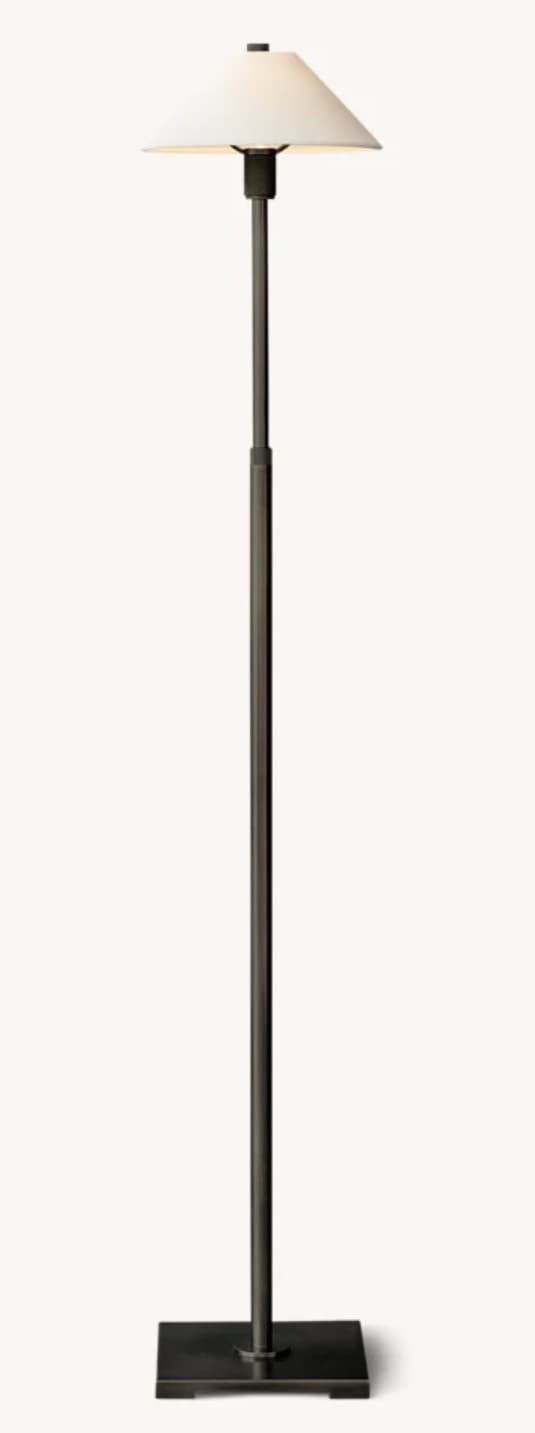 A floor lamp with a conical, off-white lampshade and a dark, slender pole supported by a rectangular base. The lamp has a modern, minimalist design. The pole appears to be adjustable in height. — 3D model