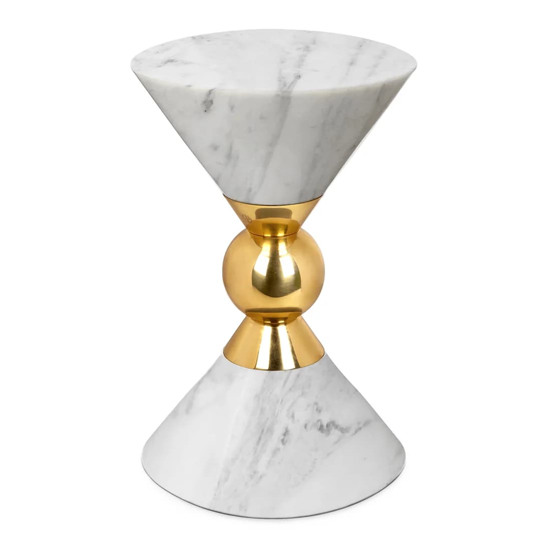 A decorative pedestal accent table featuring an hourglass silhouette composed of white marble conical sections and a polished brass spherical and conical mid-section, providing a luxurious aesthetic. — 3D model