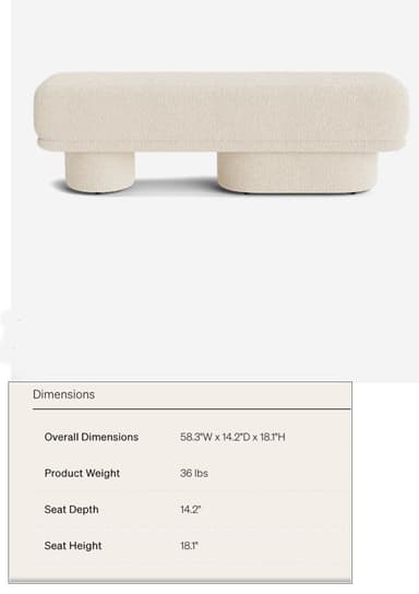 An elongated, rectangular bench featuring soft, rounded edges and a fully upholstered body in a light beige, textured fabric. The bench is supported by two distinct, cylindrical upholstered legs that extend from a recessed base, creating a floating effect for the main seating surface. Its design is minimalist and contemporary. — 3D model