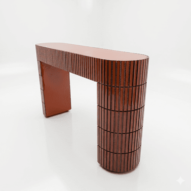 A console table with an organically curved top and a U-shaped base. The piece features a textured surface on the exterior of the base and the edges of the top, constructed from vertically aligned rectangular elements. The main body of the top and the interior of the base are finished in a solid, glossy reddish-brown color. — 3D model