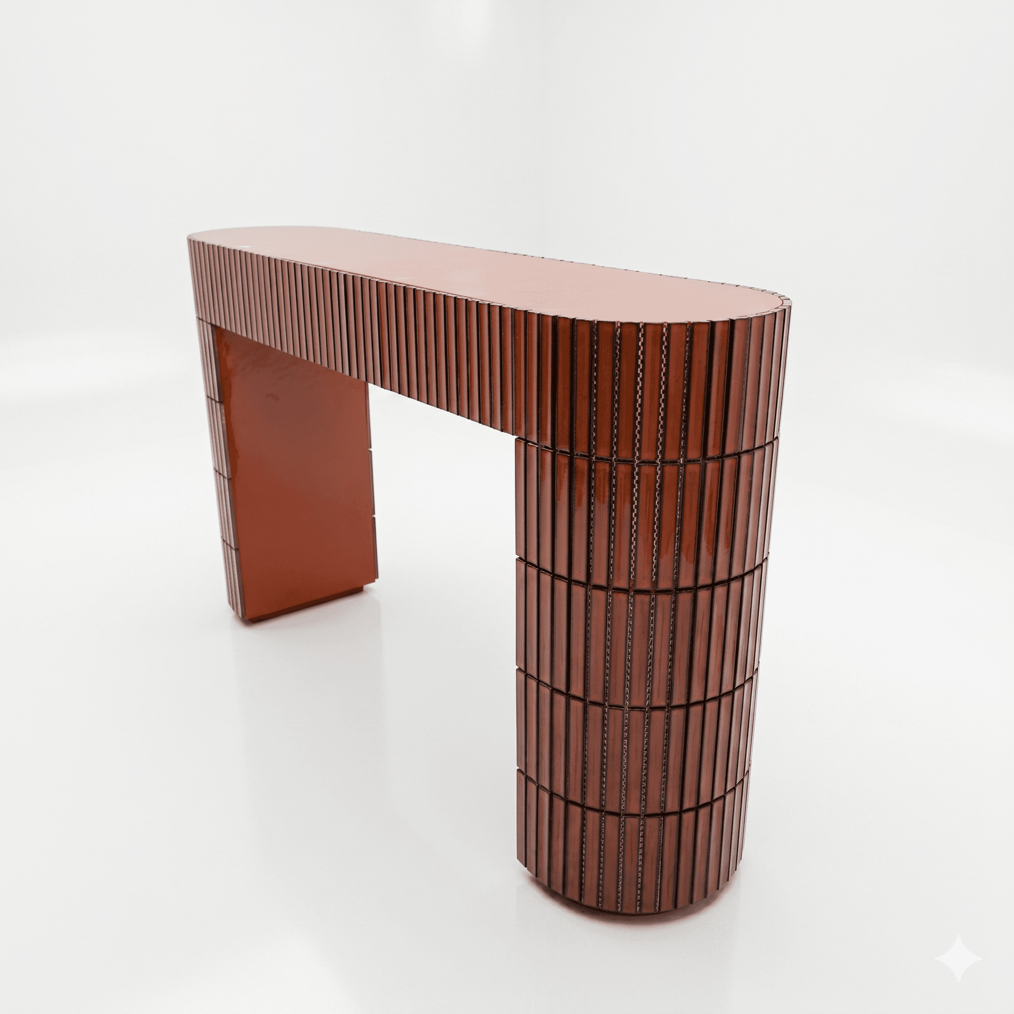 A console table with an organically curved top and a U-shaped base. The piece features a textured surface on the exterior of the base and the edges of the top, constructed from vertically aligned rectangular elements. The main body of the top and the interior of the base are finished in a solid, glossy reddish-brown color. — 3D model