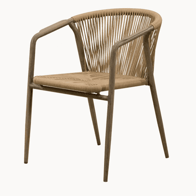 An armchair with a natural wood frame and a seat and backrest crafted from tightly woven rope. The chair features curved armrests that integrate into the back support, and four tapered legs. The overall aesthetic is contemporary and suitable for both indoor and outdoor settings. — 3D model