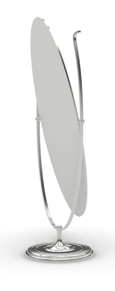 An oval-shaped mirror featuring a polished metal finish, mounted on a U-shaped stand that allows it to swivel. The stand is supported by a round, ornate base with concentric ring detailing. — 3D model
