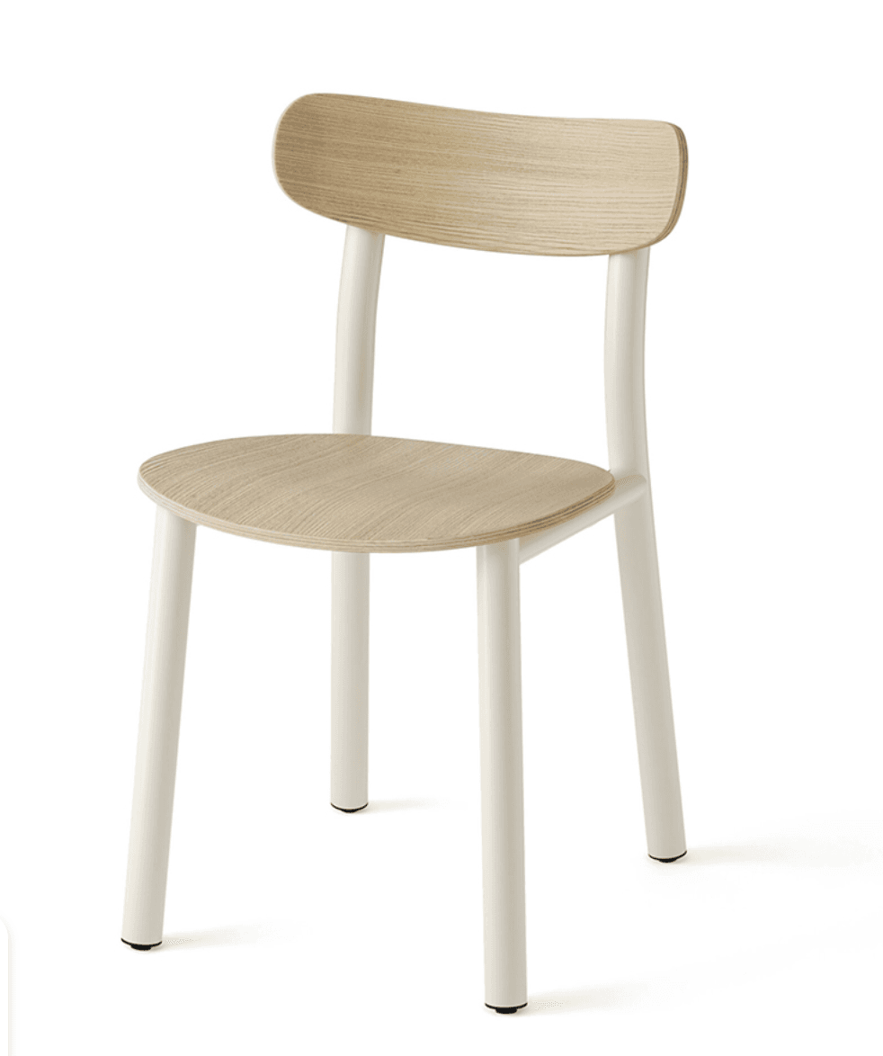 A modern chair featuring a light wood grain plywood seat and backrest, supported by an off-white tubular metal frame and legs. — 3D model