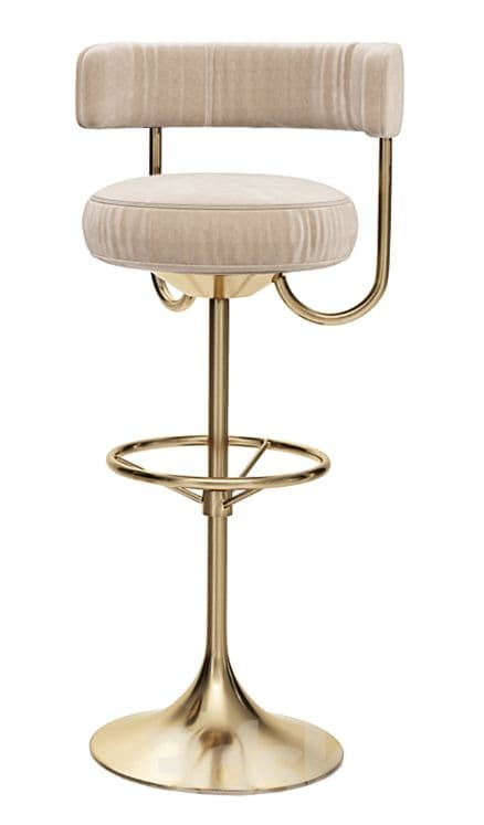 A contemporary bar stool featuring a rounded, upholstered seat and a partial integrated backrest, supported by a polished brass-toned metal frame. The stool incorporates a swivel mechanism and a circular footrest, resting on a sturdy trumpet-style base. — 3D model
