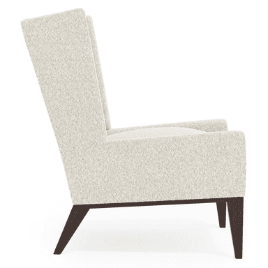A modern armchair with a high back and a slatted design. The armchair features a cream-colored upholstered seat and back, supported by four dark wooden legs. The backrest has three horizontal slats, creating an open-weave effect. The upholstery appears to be a textured leather or leather-like material. — 3D model