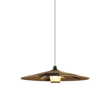 A wide, flat, circular pendant light featuring a woven shade with a multi-colored geometric pattern in earthy tones, and a central fabric-covered light diffuser. — 3D model