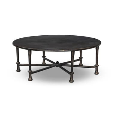 A round coffee table with a dark, textured top and a base constructed from four metal legs connected by intersecting crossbars. The legs are segmented with decorative bulbous elements and taper to a rounded foot. — 3D model