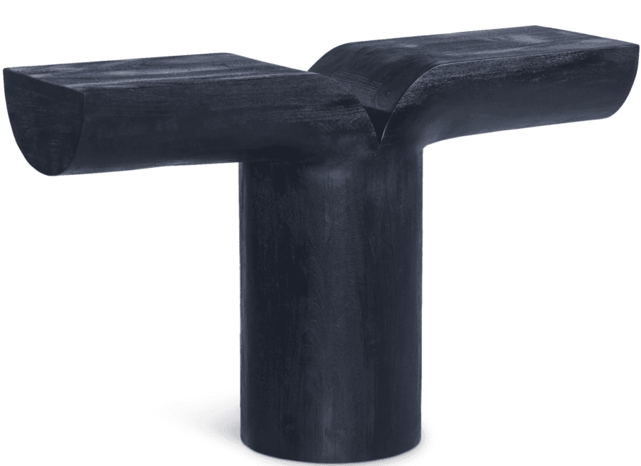 A minimalist, sculptural stool crafted from solid dark-finished wood, featuring a central cylindrical base that supports a horizontal T-shaped top with rounded ends and a V-notch joint. — 3D model