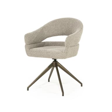 A contemporary swivel armchair featuring a fully upholstered tub seat and a distinct cut-out backrest, supported by a dark metal pedestal base with four splayed legs. — 3D model