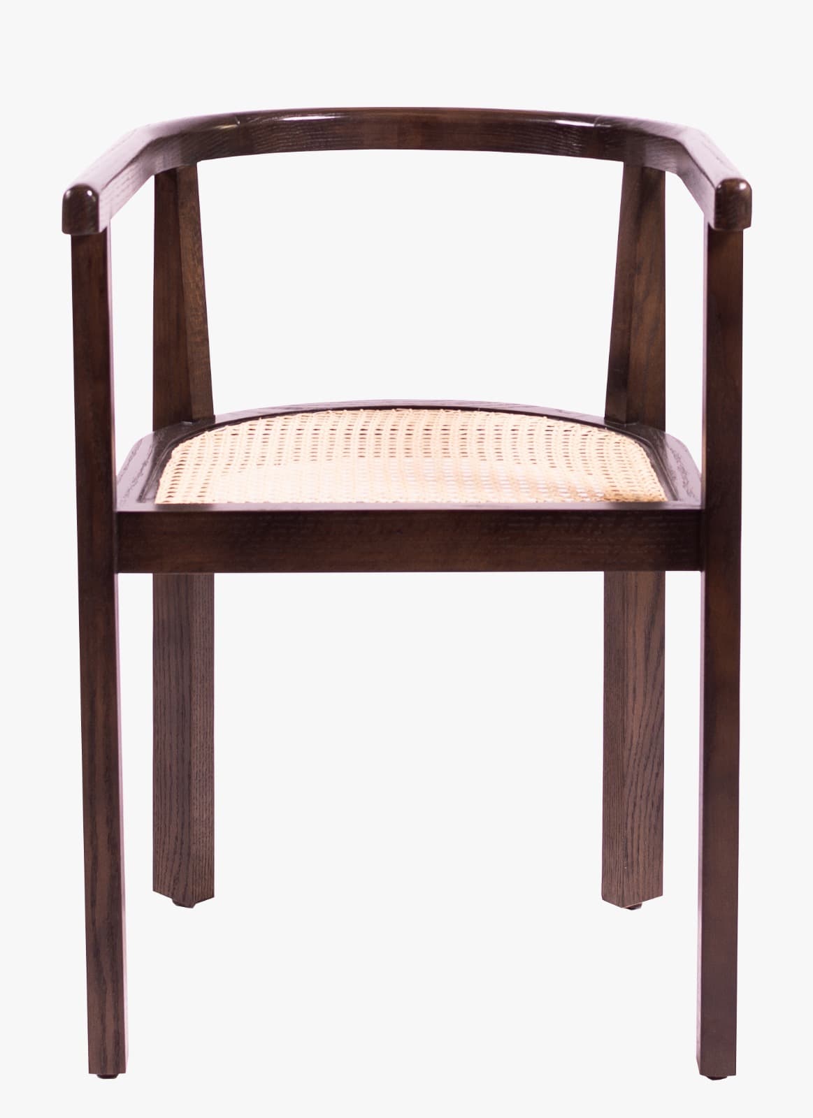 A dark stained wooden armchair featuring a curved, continuous backrest and armrests, paired with a woven cane seat. — 3D model