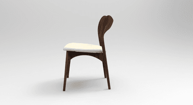 A modern dining chair featuring a dark walnut wood frame and an off-white upholstered seat, with a distinctive curved and open backrest. — 3D model