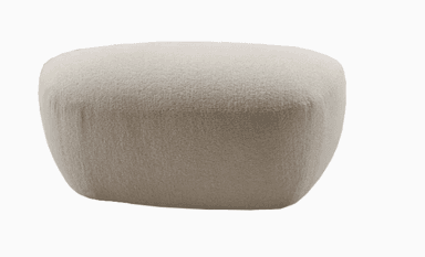 A contemporary, rounded ottoman upholstered in a light beige bouclé fabric. The piece features a soft, organic shape with no visible legs, creating a monolithic and comfortable appearance. Its textured surface adds visual interest and a cozy feel. — 3D model