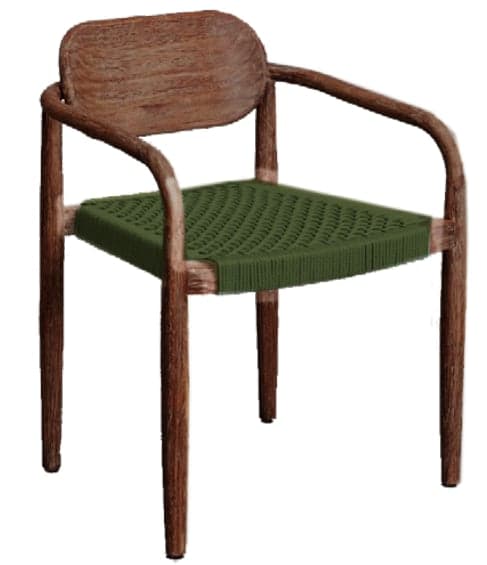 A modern armchair constructed with a dark brown wooden frame and a distinct woven green cord seat. The chair features a rounded, solid wooden backrest and gently curved armrests integrated into the frame. The legs are tapered, and the overall design suggests a blend of natural materials with a contemporary aesthetic. — 3D model