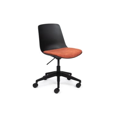 An armless swivel office chair featuring a black plastic backrest and a vibrant orange upholstered fabric seat. It sits on a black five-star base with casters and includes a lever for height adjustment. — 3D model