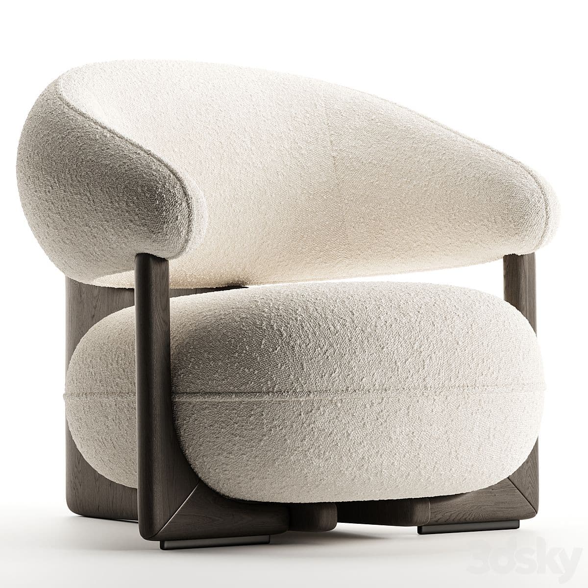 A contemporary accent chair featuring a plush, off-white bouclé upholstery on generously rounded seat and back cushions, supported by a distinct dark-stained wooden frame with a sculptural, open design. — 3D model