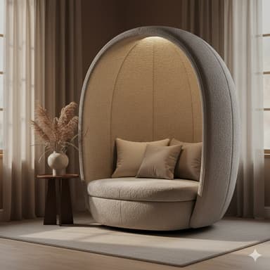 A rounded, semi-enclosed lounge chair with an integrated canopy structure. The chair features a circular seat and backrest, upholstered in a textured fabric. Two decorative cushions are placed on the seat. The interior of the canopy is lined with a lighter, softer textured fabric, creating an intimate seating space. The overall form is organic and cocoon-like. — 3D model