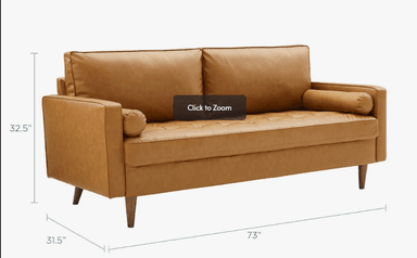 A modern two-seater sofa, commonly known as a loveseat, upholstered in a rich tan-colored material resembling leather. It features two removable back cushions, a diamond-tufted seat cushion, and two cylindrical bolster pillows positioned at each armrest. The sofa is supported by four outwardly splayed, tapered wooden legs. — 3D model