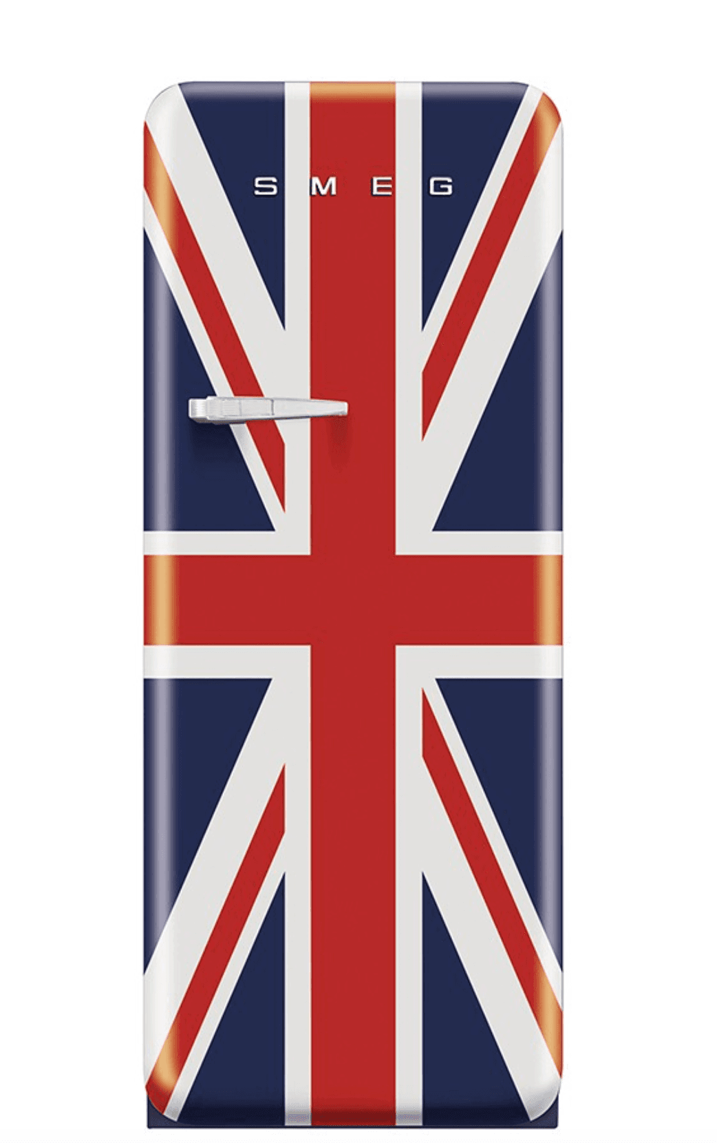 A retro-style refrigerator with a Union Jack flag design. The appliance features a single door with a chrome handle and the 'SMEG' logo prominently displayed at the top of the door. The design is a stylized representation of the United Kingdom's national flag, incorporating navy blue, red, and white elements. — 3D model