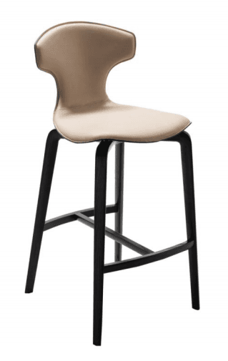 A modern bar stool featuring a beige or taupe upholstered seat and a distinctive, sculpted backrest, set upon a dark stained wooden base with integrated footrests. The design is sleek and contemporary. — 3D model