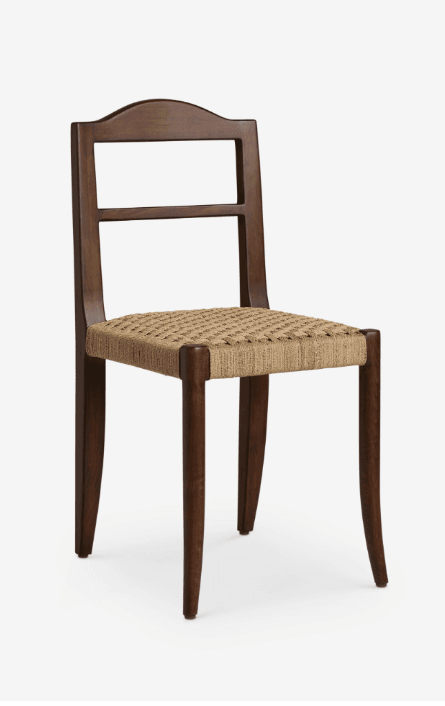A dark brown wooden chair featuring an open backrest with two horizontal slats and a seat woven from a natural, light-colored fiber. — 3D model