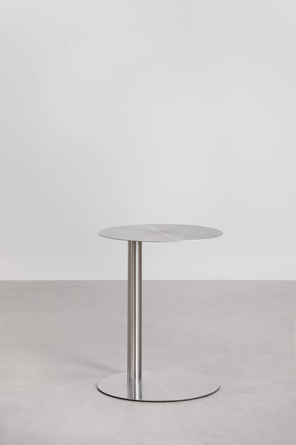 A minimalist circular side table featuring a brushed metallic finish. It consists of a round tabletop, a single cylindrical pedestal base, and a flat round foot. The entire structure appears to be made of metal, likely stainless steel or aluminum, with a subtle horizontal grain on the tabletop and base. — 3D model