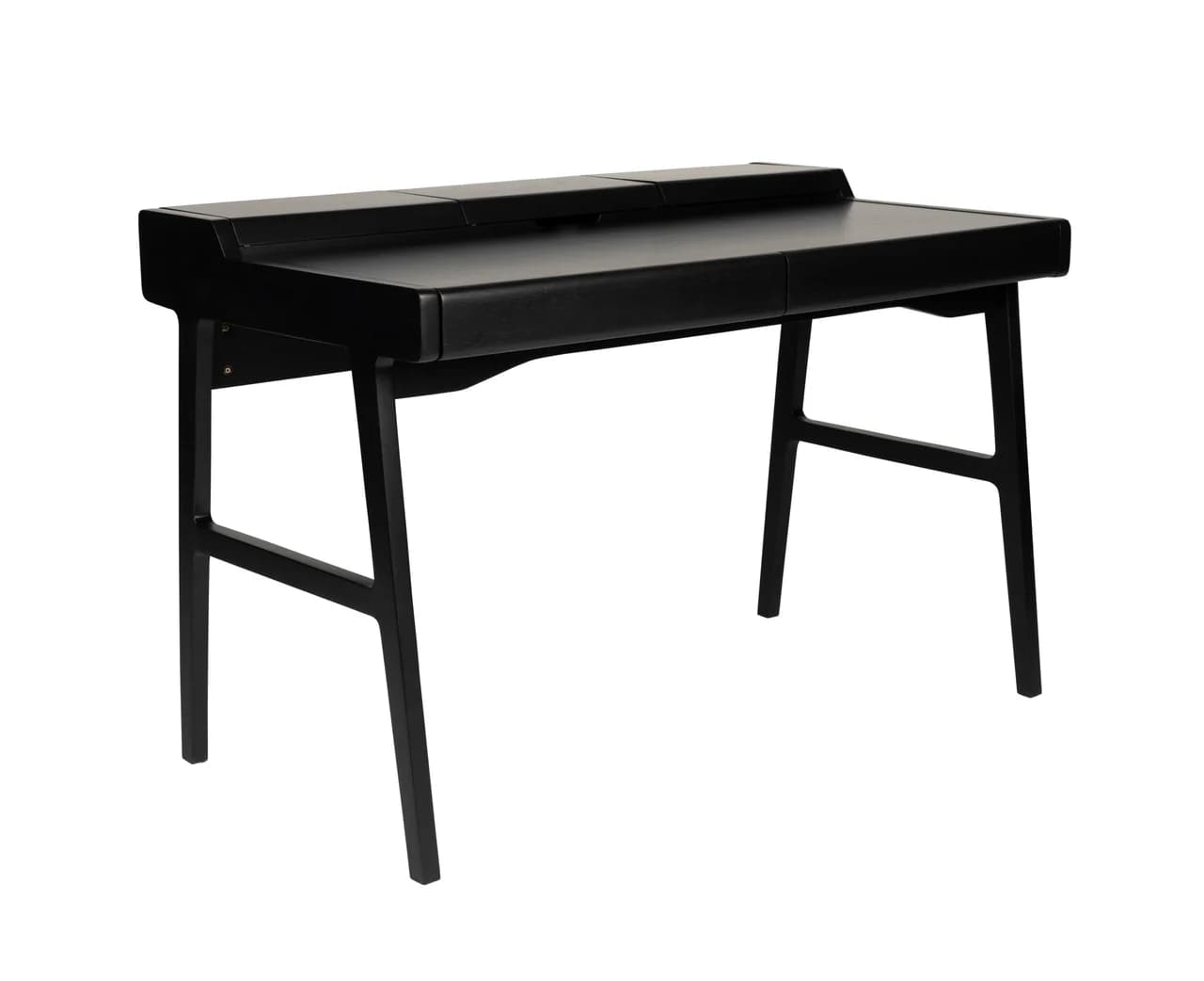 A black wooden desk with a minimalist design. It features a rectangular top with two raised compartments at the back, suggesting potential integrated storage or cable management. The desk has two drawers integrated into the front apron. It is supported by four angled legs connected by a crossbar for stability. The overall aesthetic is modern and clean. — 3D model