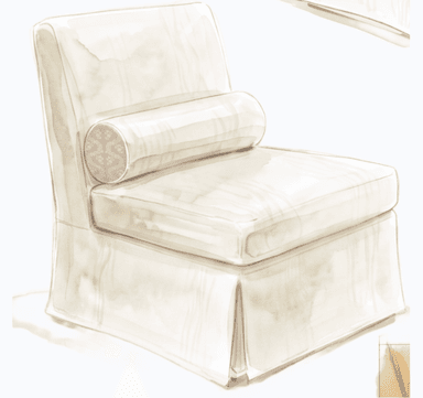 An armless upholstered chair featuring a low back, a deep seat cushion, and a skirted base with pleats. A cylindrical bolster pillow rests against the backrest. — 3D model