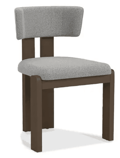 A dining chair with a dark brown wooden frame and light gray textured upholstery on the seat and backrest. The chair has a simple, modern design with straight legs and a gently curved, low back. — 3D model