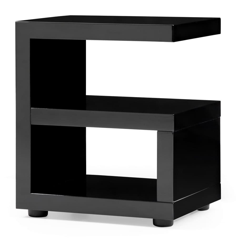 A sleek, modern side table characterized by its C-shaped profile and glossy black finish. It features an upper cantilevered surface, a mid-level shelf, and a sturdy base resting on short, cylindrical feet. The construction creates an open storage or display area. — 3D model