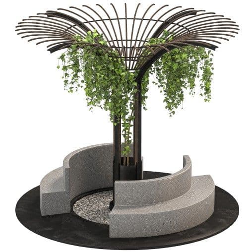 A modern, semi-circular outdoor bench designed to encircle a central planter feature. The bench is constructed from a speckled, light gray material, possibly concrete or a composite, with a matte finish. It forms a segmented, curved seating area. The central feature includes a dark metallic frame supporting a planter with cascading greenery, suggestive of a modern garden or public space design. — 3D model