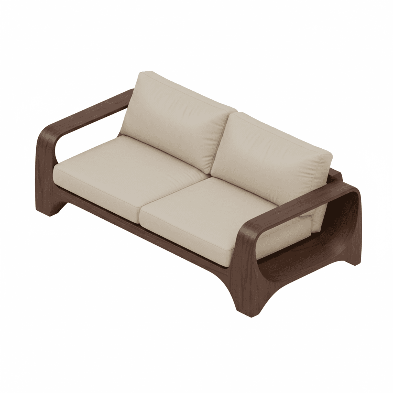 A modern two-seater sofa with a distinctive curved wooden frame and upholstered cushions. The frame is a rich, dark wood with a smooth finish, featuring elegantly sculpted arms and base. The seat and back cushions are upholstered in a light, neutral-colored fabric, appearing to be leather or a high-quality synthetic alternative. — 3D model