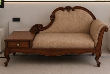 An opulent traditional chaise lounge featuring a dark, richly stained wooden frame with intricate carvings. The seating area is upholstered in a light beige fabric with a subtle pattern, encompassing both the backrest and the elongated seat. An integrated side table with a single drawer and a brass knob is incorporated at one end, adding functionality. The chaise lounge stands on elegantly curved cabriole legs, characteristic of traditional or Rococo revival styles. — 3D model