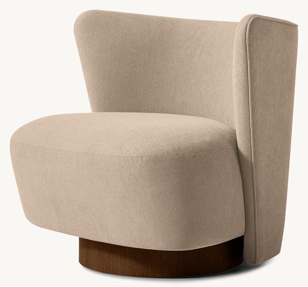 A modern armchair with a rounded silhouette, featuring upholstered seating and backrest, supported by a circular wooden base. The armchair has a high back that curves around the sides, providing a sense of enclosure. — 3D model