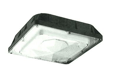 A square-shaped industrial LED high bay fixture, designed for efficient and widespread illumination. It features a robust dark gray or black housing and a clear, textured diffuser with a faceted interior pattern to optimize light distribution. — 3D model
