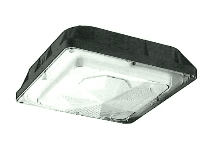 A square-shaped industrial LED high bay fixture, designed for efficient and widespread illumination. It features a robust dark gray or black housing and a clear, textured diffuser with a faceted interior pattern to optimize light distribution. — 3D model