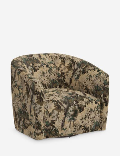 An upholstered barrel swivel armchair featuring a continuous, rounded back and arms. The chair is covered in a botanical tapestry fabric with shades of green, brown, and beige, depicting foliage. A swivel mechanism is discreetly integrated into the base. — 3D model