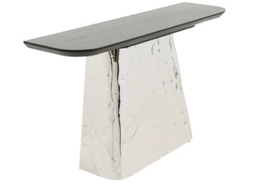 A modern console table featuring a dark, elongated rectangular top with gently rounded edges, supported by a substantial, polished hammered metal base. The base has a distinctive, irregular, and textured surface, giving it a unique sculptural quality. Its form tapers slightly, widening towards the bottom for enhanced stability and visual presence. — 3D model